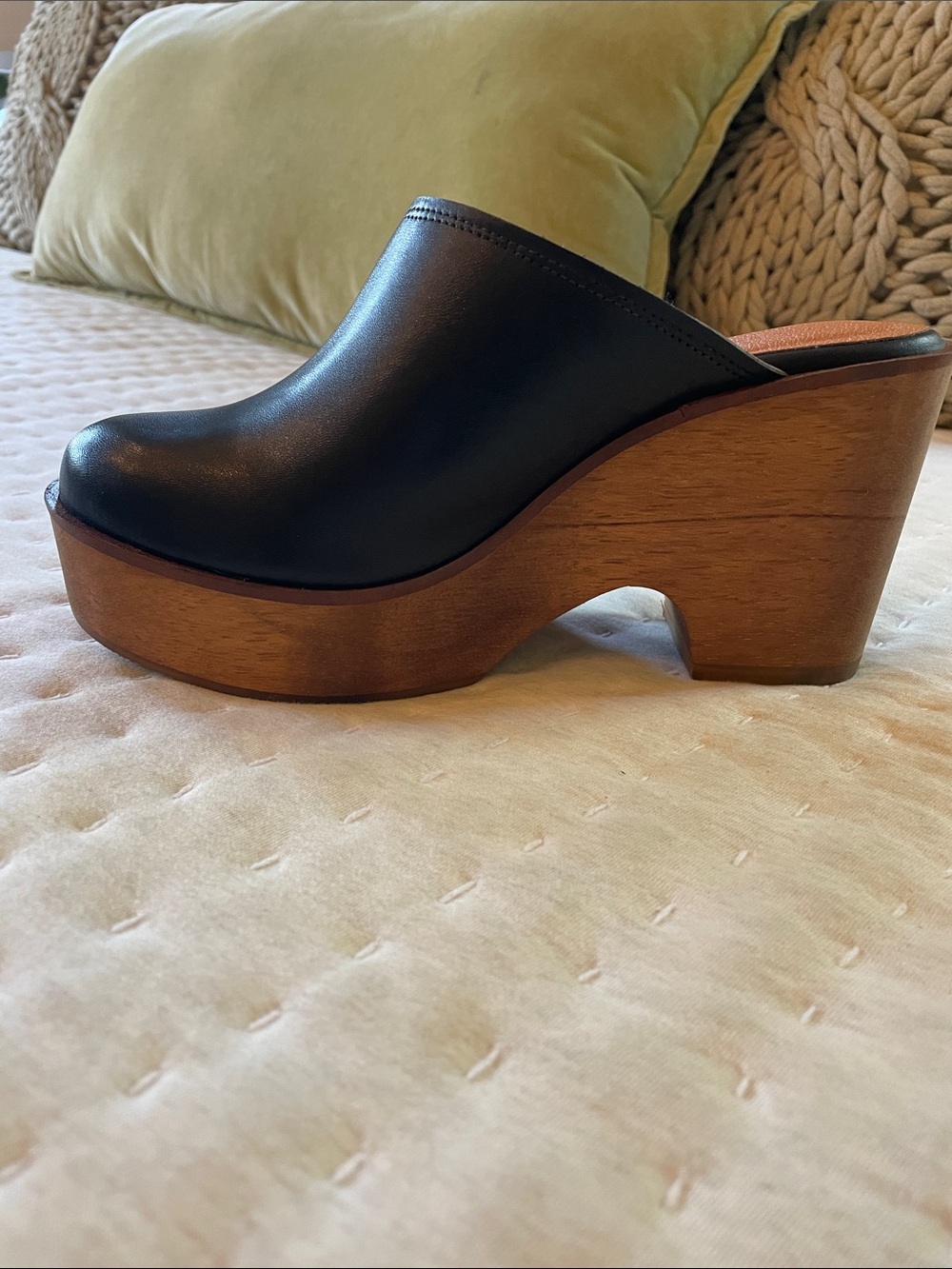 Free People Black Leather Clog Mules with Wood Platform